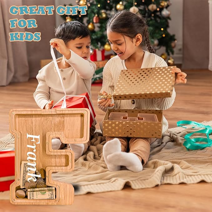 Wooden Letter Piggy Bank for Kids Larger Letter Piggy Bank for Boys and Girls Personalized Piggy Bank Initial Coin Bank Wood Kids Money Bank for Birthday and Festival