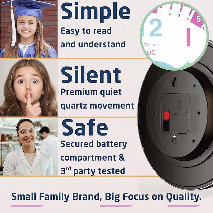 OWLCONIC Telling Time Teaching Clock for Kids - Analog for Bedrooms, Playroom, Homeschool Decor, School Classroom Learning, Educational for Learning to Tell Time