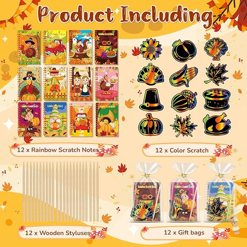 12 Pack Thanksgiving Scratch Art Party Favors for Kids - Rainbow Scratch Paper with Fall Party Scratch Off Cards Easter Birthday Goodie Bags Stuffers - Return Gifts DIY Classroom Prize