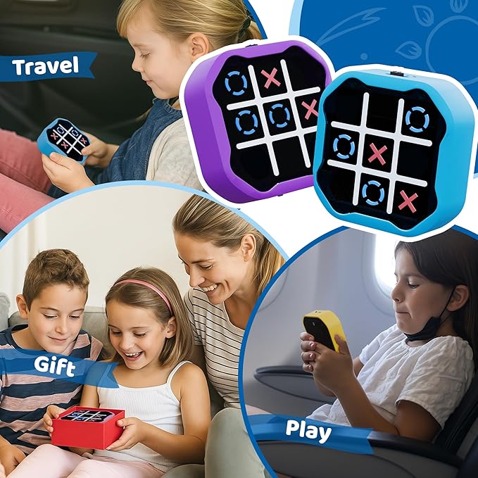 4-in-1 Rechargeable Electronic Tic Tac Toe Game – Handheld Travel Toy with Memory & Whack-a-Mole, Silent Mode, Fun for Kids & Adults, Ages 3+, Blue