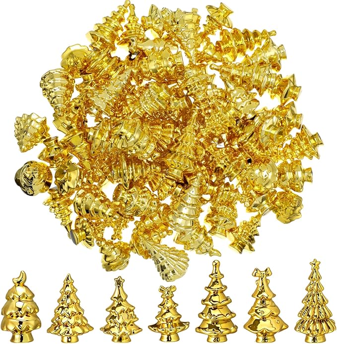 Thyle 140 Pcs Mini Golden Christmas Trees for Xmas Decorations Christmas Vase Filler Small Golden Xmas Tree Statue for Home Table Scatters Favor Vase Filler