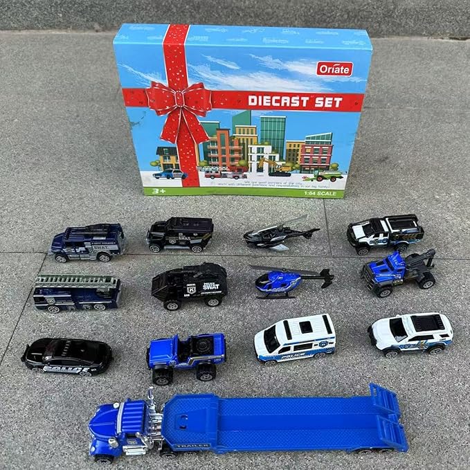 Oriate Diecast Police Rescue City S.W.A.T. Car Toys Set w/Heavy Duty Trailer Patrol, 13PCS Alloy Mini Police Vehicles Transport Trailer, Road Signs and Birthday Cake Topper Stickers for Kids