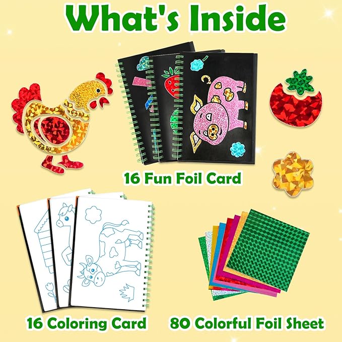 pigipigi Art Craft Activity for Kids: Foil Art Farm DIY Toy Kit, No Mess Creative Travel Supply Set, Idea Birthday Christmas Valentine Gift for Girl Boy Children 3 4 5 6 7 8 9 Year Old
