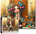 Tucocoo Whimsical Girl with Bows Jigsaw Puzzle for Adults 1000 Piece, Fantasy Art Puzzle with Curly Hair, Cute Toys, Vibrant Flowers, Dreamy Decorative Puzzle for Relaxation and Gifts, Home Decor