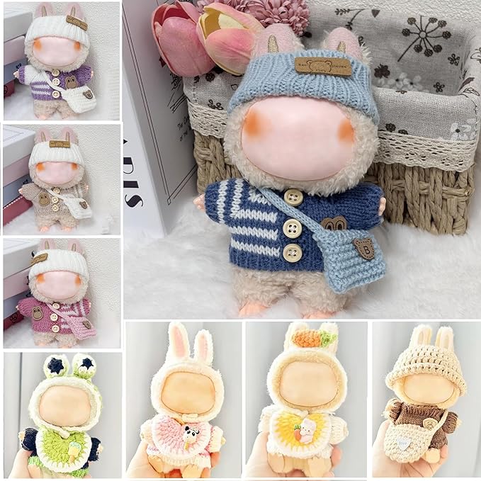 Clothes for 17cm Dolls Accessories Crochet 3 Piece Set Outfits for Doll(Blue Sweater)