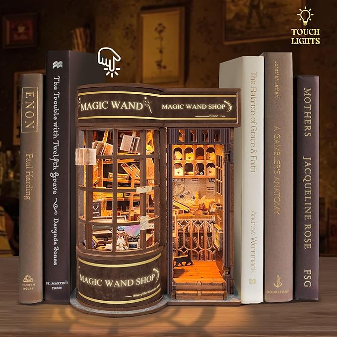 DIY Book Nook Kit,DIY Miniature Dollhouse kit,3D Wooden Puzzle Magic Bookend Bookshelf Insert Decor with Led Light,Gifts for Adults Teens and Beginners -Magic Wand Shop(SQ-51)