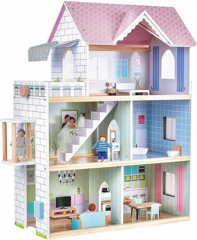 Giant bean Large Pink Wooden Dollhouse with Furniture for Girls with Doorbell, Light,Elevator, 6 Rooms 2.6ft High,15 Pcs Furniture & 3 Dolls, Kids Playhouse Toy for Girls 3-7+, 31.5" x 25" x 12.2"