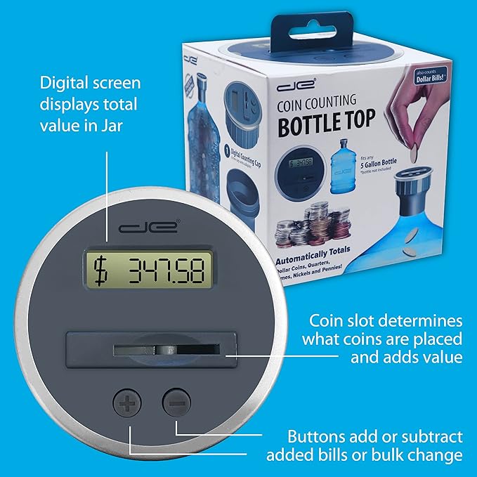 Digital Coin Counter Bottle Top Fits 5 Gallon Water Jugs and All Bottles with 2.5" Diameter Opening