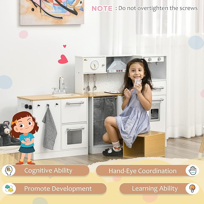 Qaba Kids Wooden Kitchen Playset with Sound Effects and Tons of Countertop Space, Wooden Corner Play Kitchen Set with Washing Machine, Imaginative Toy Pretend Restaurant, Ages 3-6, White