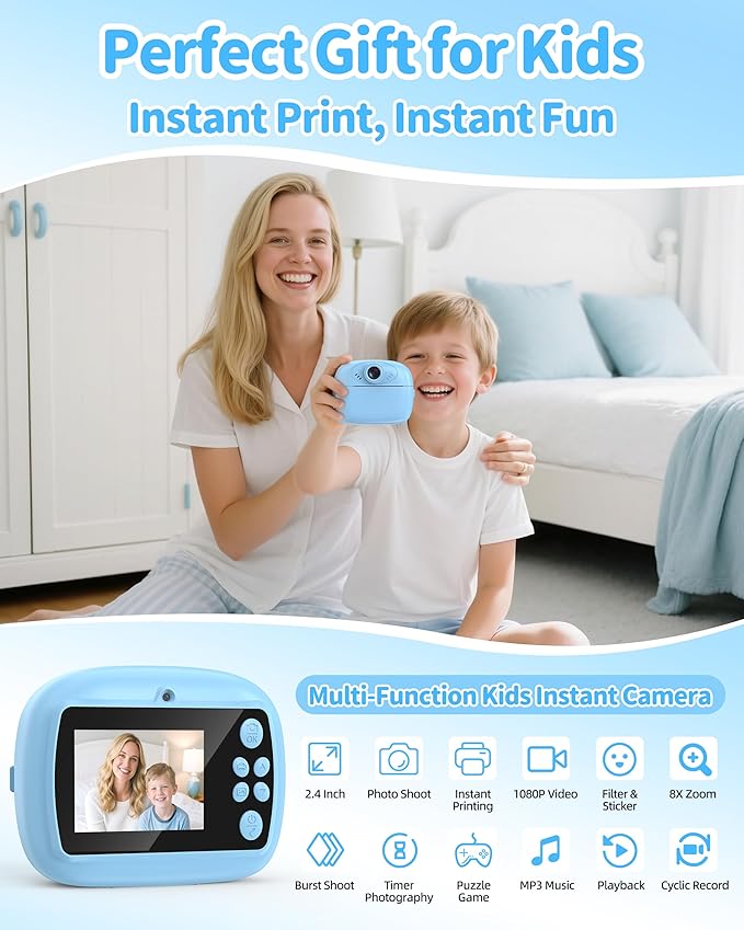 Kids Instant Print Camera,1080P Video Instant Digital Camera for Kids, Christmas Birthday Gift for Girls and Boys Age 3 4 5 6 7 8 9 10, Toy Camera with 32GB SD Card,Christmas Stocking Stuffers,Blue