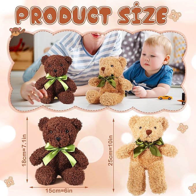 HyDren 6 Pcs Bear Stuffed Animal Plush Toys Soft Plush Dolls Bear Sleeping and Playing Toys for Baby Shower Decoration Boy(Fuzzy Style,White, Brown, Dark Brown)