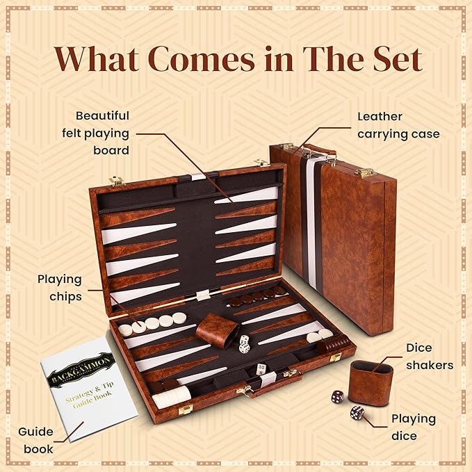 Backgammon Sets for Adults with Premium Leather Case | Classic Travel Backgammon Set for Adults and Kids with Strategy & Guide | 15 Inches | Medium | Brown