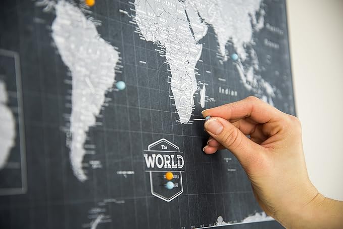 Conquest Maps World Travel Map with Pins Modern Slate Style Push Pin Travel Map Cork Board, Track Your Travels w/a Handmade Unique Canvas Pinable Map (24" x 16")
