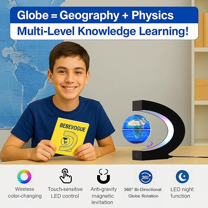 Magnetic Levitating Globe with 7-Color LED Lights, 360° Rotating Floating World Map Lamp, STEM Educational Night Light for Geography Learning, Cool Desk Decor & Unique Gift for Kids & Adults