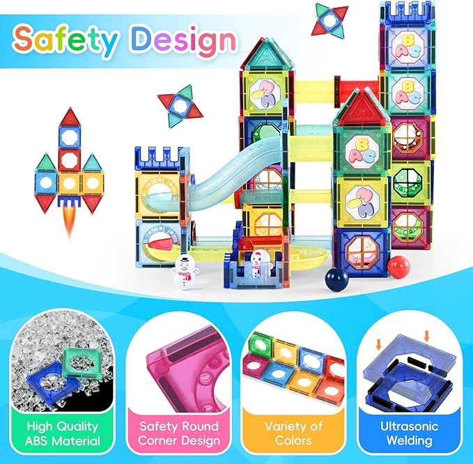 Magnetic Building Tiles, 158 PCS Magnetic Tiles for Kids Ages 3-5, 3D Magnet Building Blocks Set, STEM Learning, Education and Encourage Imagination, Presents for Boys and Girls