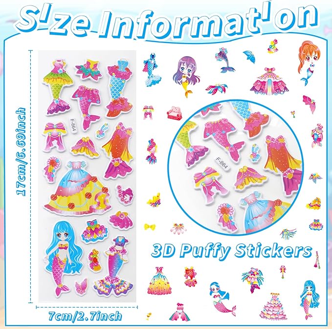 36 Sheets Mermaid Stickers for Kids - 900+ 3D Puffy Stickers Ocean Theme | Sea Animals, Shells, Mermaids | Reusable, Waterproof | Crafts, Scrapbooking, Gifts