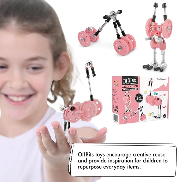 The Off Bits Erector Set: Animal Mini STEM Toys for Kids 6+, Toy Building Sets with Nuts & Bolts, STEM Building Toys Gifts for Boys and Girls (Pink Flamingo)