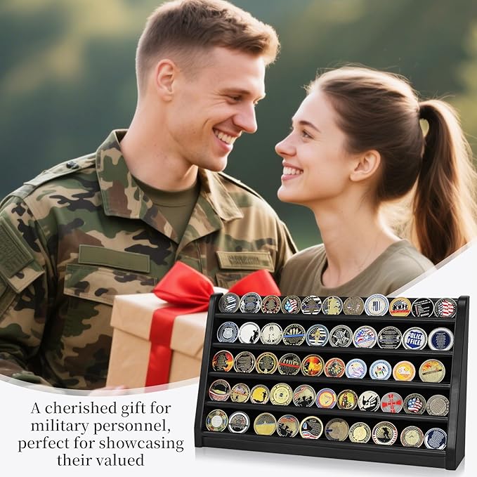 5 Rows Challenge Coin Holder Display Stand Holds 50 Coins for Wall Mount or Tabletop, Solid Wood Military Coin Rack Display Case for Army Collectibles, Black