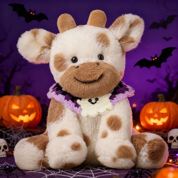Hopearl Adorable Halloween Plush Cow Toy with Knitted Cute Ghost Bib Floppy Dairy Cattle Soft Stuffed Animal Gifts for Boys Girls Kids Toddlers, Light Brown, 9''