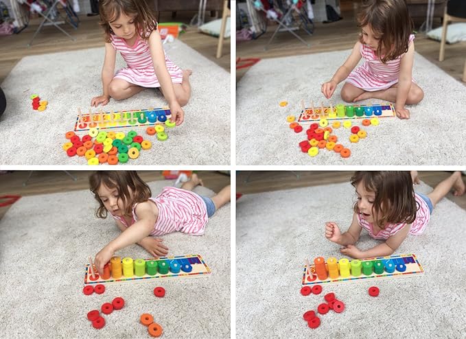 TOWO Wooden Stacking Rings and Counting Games with 45 Rings Number Blocks- Counting Ring Stacker-Wooden Sorting Counting Toy for 3 Years Old Kids Maths Learning Montessori Materials