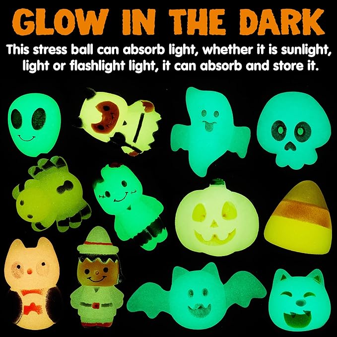 JOYIN 24 PCS Halloween Squishy Mochi Toys, Glow in The Dark Stress Relief Mochi for Halloween Party Favor Decoration, Halloween Goodie Bag Fillers, Kids Birthday Gifts