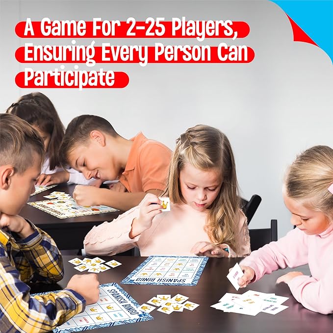 Spanish Bingo Game, 25 Boards for Spanish Vocabulary Bilingual Word Bingo Game Educational Toys for Language Learning - Ages 5 and up (Up to 25 Players)