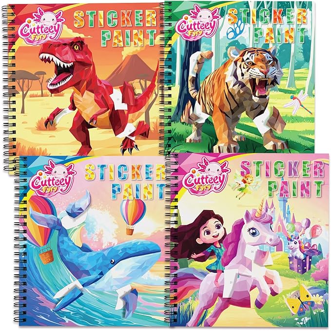 4PCS Paint by Number Sticker Book Travel Activities for Girls Boys Kids Ages 4-10 Road Trip & Airplane Quiet Time Toys, Birthday Present, Preschool Classroom Party Gifts