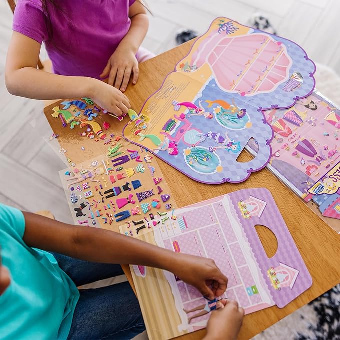 Melissa & Doug Puffy Sticker Activity Books Set of 3 – Dress-Up, Princess & Mermaid, with 208 Reusable Stickers and Fold-Out Scenes, Mess-Free Travel Toys for Kids Ages 4+ - FSC Certified