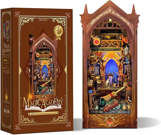 Book Nook Kit for Adults 3D Puzzle Miniature House Kit for Adults Craft Lovers Bookshelf Decor DIY Model Kit with LED Sensor Light-Magic Academy (SQ-38)