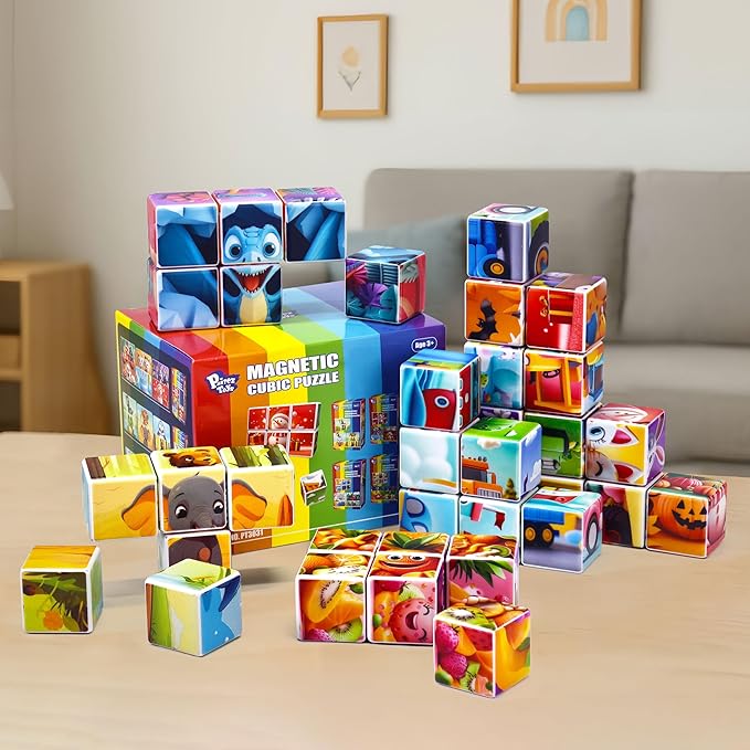 Magnetic Blocks Toys for Toddlers, Pack of 6 Random Themed Puzzles Bundle, Total 36 PCS of Blocks in 36 Patterns, Magnetic Tiles for Kids Ages 3-5, Preschool STEM Educational Sensory Toys