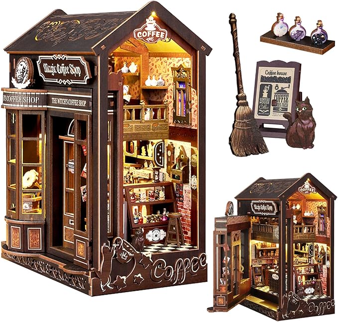 Book Nook Kit Magic Coffee Shop, DIY Miniature House with LED Lights, 3D Wooden Puzzle for Adults & Teens, Bookshelf Decor Craft Gift for Family & Friends