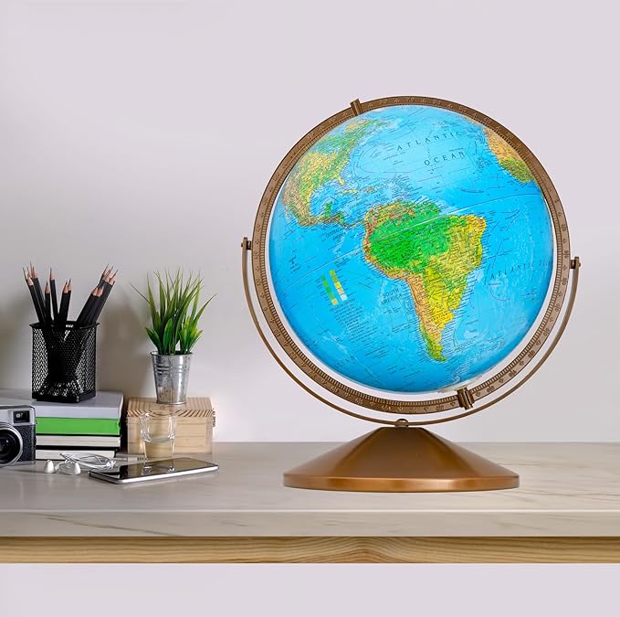 Treasury 12" Diameter Blue Illuminated Globe, USA Cartography, Convertible to Desktop with Raised Mountain Relief and Sturdy Metal Base and Hand Turned Hard Wood Stand.This economical 12” floor model stands 32” high on a durable metal base and attracti...