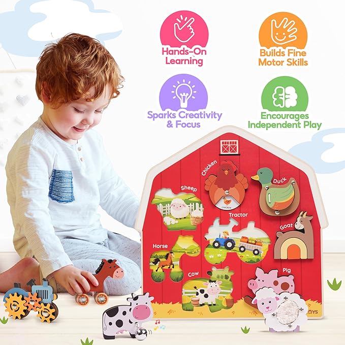 Wooden Montessori Farm Puzzles for Toddlers 1-3 – Interactive Sensory Animal Toys with Textures & Sound -Educational Puzzle & Baby Gifts for Fine Motor Skills & Autism Friendly (8 Puzzles)