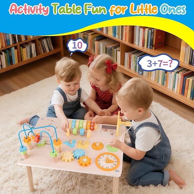 ATOYUS Activity Table for 1 2 Year Old, 8 in 1 Wooden Montessori Activity Center Toys for Toddlers 1-3, Kids Sensory Game Play Table, 1st Christmas Birthday Boys Girls Gifts for 12 Months+ Baby