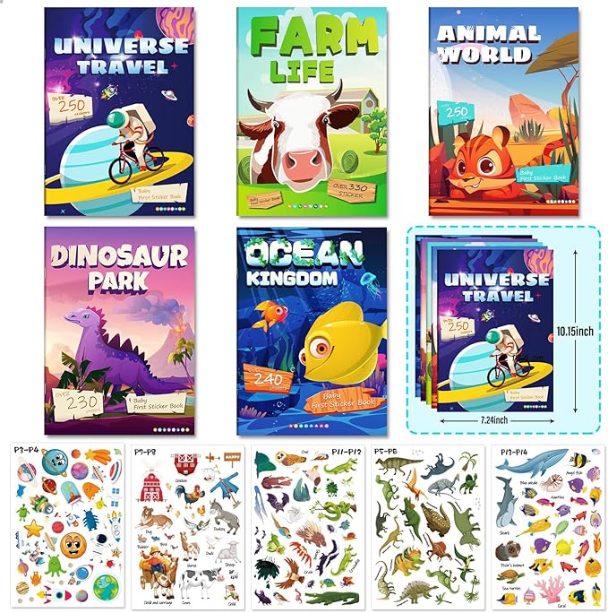Sticker Book for Kids, Set of 5, 1310+ Dinosaure Animal Stickers & 40 Scenes Reusable Activity Sheet, Seek and Find Coloring Pad, for Boys Girls Toddlers Ages 2-4 4-8 Years Old 3-5 6-7