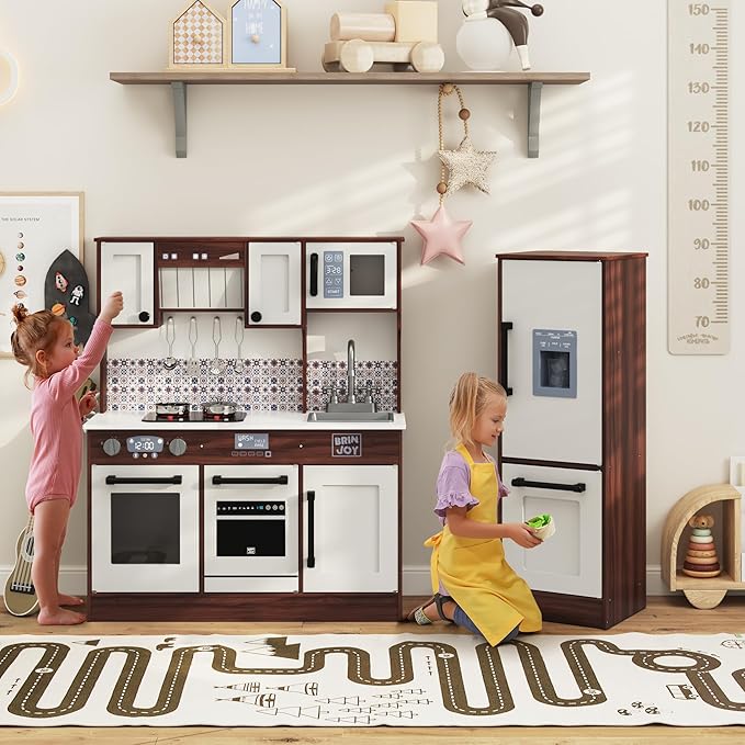 2-Piece Kids Kitchen Playset, Wooden Play Kitchen Set for Toddlers, Modular Pretend Play Kitchen w/Light&Sound Stove Oven, Large Kitchen Cooking Toy w/Refrigerator, Gift for Girls Boys