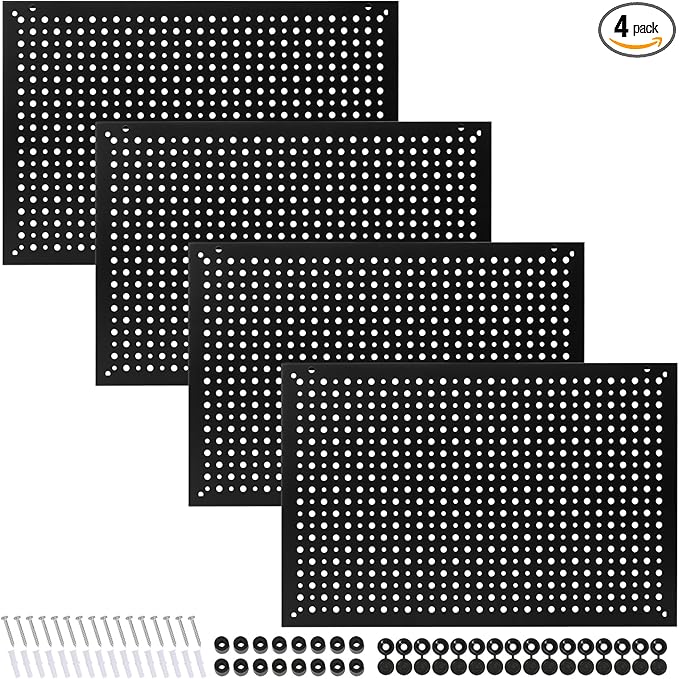 4 Pack Heavy Duty Steel Pegboard Garage Organization Panels,Universal 1/8 and 1/4 Pegboard Accessories,Suitable for Tool Storage,Garage Storage etc. (Black, 16X10.5)
