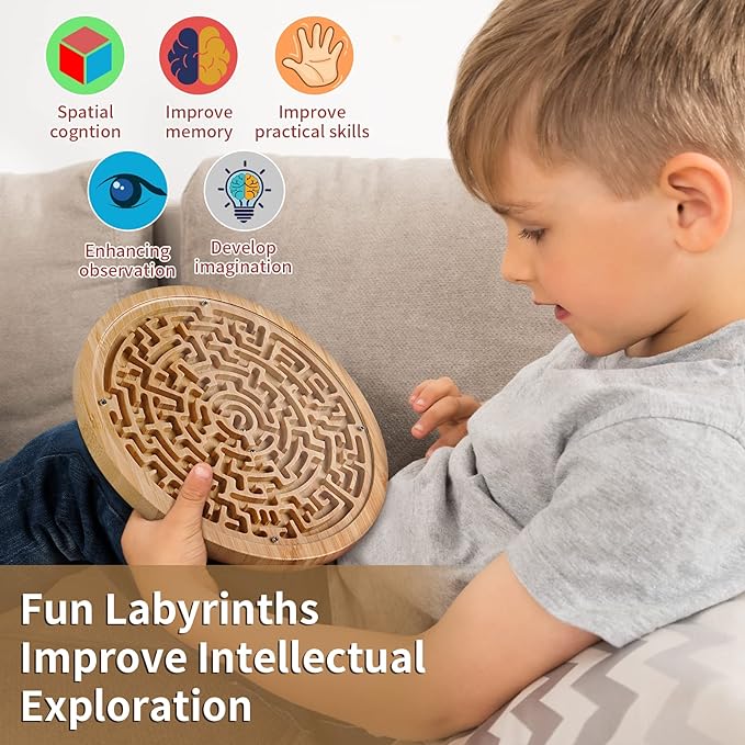 Round Wooden Labyrinth Board Game - Marble Maze for Education and Fun, Toddler Activity Board, Brain Teaser Puzzle Logic Game with Two Metal Balls for Kids, Adults, Teens, Boys, and Girls