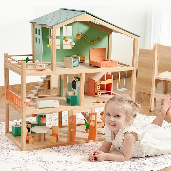 Giant bean Large Wooden Dollhouse with 32 Pcs Furniture Accessories, 3-Story Doll House 5 Rooms Balcony Wooden Stairs, Ideal Dollhouse Playset Toy for Kids Ages 3+, 30" H x 28" L x 13" W