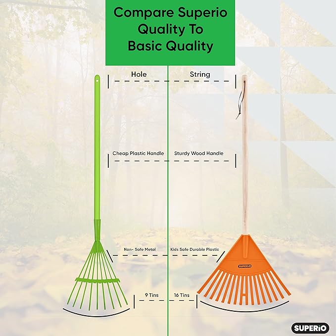 Pack of 2 Kids Rake with Hardwood Handle, Durable Plastic Head to Sweep Leaves in Lawn and Tidying Up The Garden, 34" (Orange)