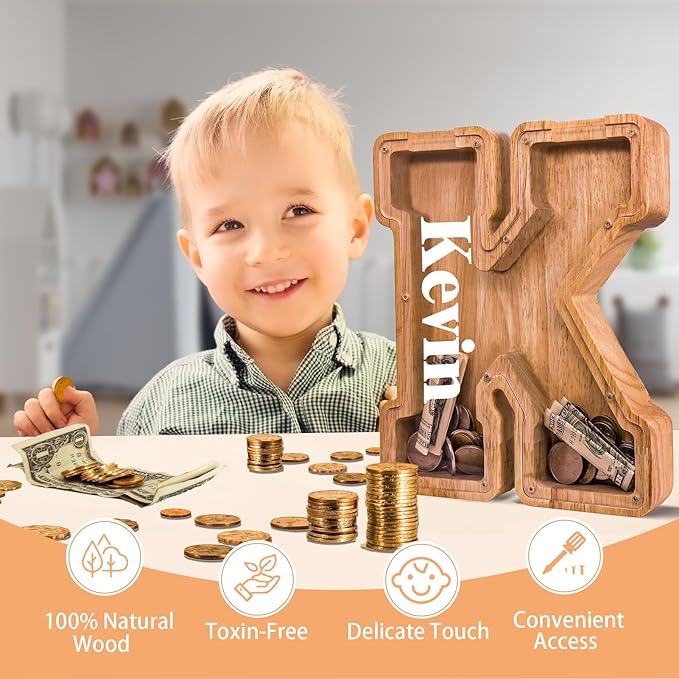 Wooden Letter Piggy Bank for Kids Larger Letter Piggy Bank for Boys and Girls Personalized Piggy Bank Initial Coin Bank Wood Kids Money Bank for Birthday and Festival