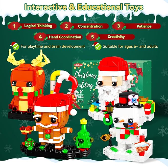 Eelexa Christmas Building Toys Set Includes Santa Claus, Snowman, Reindeer, Gingerbread, Christmas Building Blocks for Kids, Boys and Girls, Ages 6+ (853 Pcs)