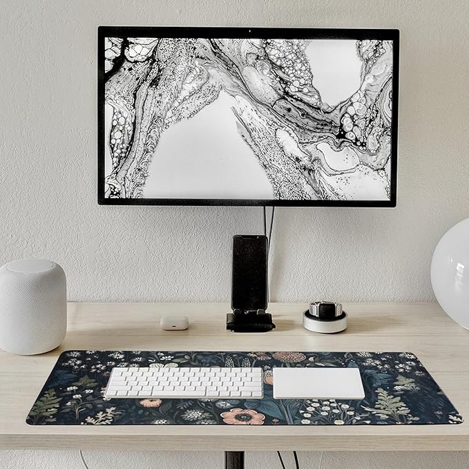 Dark Flower, Floral Plants Mouse Pad, Aesthetic Wildflowers Desk Pad, Gaming Mouse Pad, Non-Slip Rubber Base, Stitched Edges，31.5x11.8 inch Computer Mouse Mat Keyboard for Home Office
