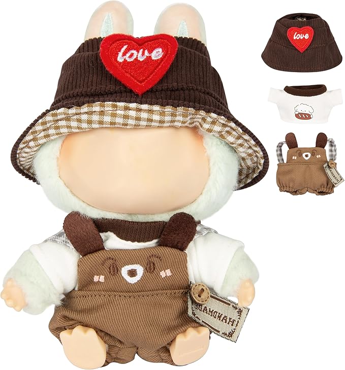 17cm Clothes for Labubu Doll - Kawaii Chic Style Set for 17cm Dolls, Cute Doll Outfit with Accessories - Brown Puppy Romper + Puppy Shirt + Heart Shaped Brown Hat (Clothes Only)