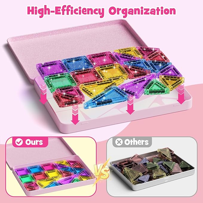 42-Piece Glitter Magnetic Tiles Travel Set with Pink Metal Box - Portable STEM Building Blocks for Kids Ages 3-8 Boys & Girls STEM Montessori Educational Toys for Airplane Car Rides