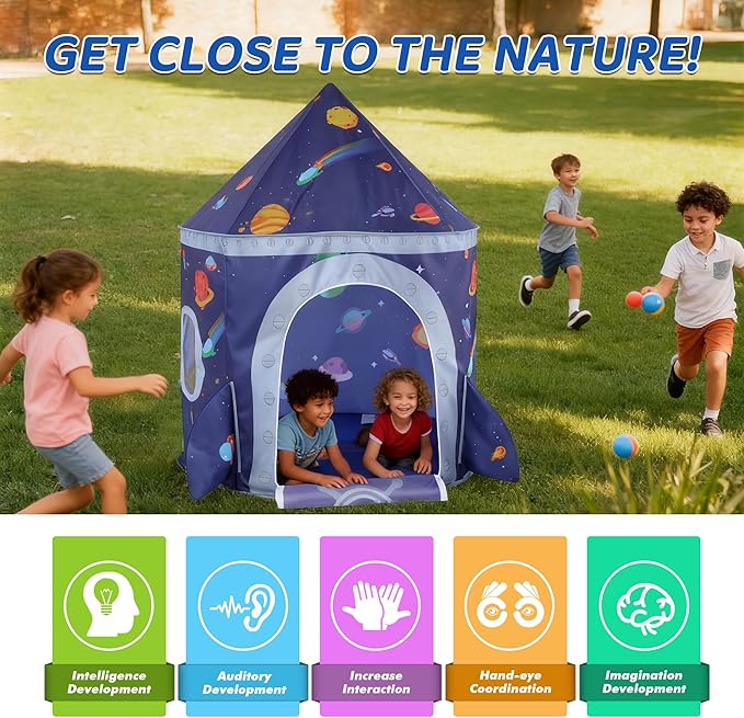 TTLOJ Rocket Space Ship Kids Play Tent Gift, Toddlers Playhouse Castle Toys, Baby Boys Girls Gift for 3 4 5 6 7 Year Old, Outdoor Indoor Teepee Tent