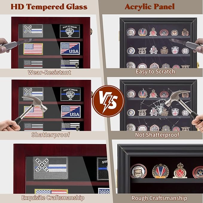 Military Challenge Coin Display Case 6 Rows Wooden Army Coin Holder with HD Tempered Glass Lockable Coin Wall Dsplay Box with Removable Shelves, Red
