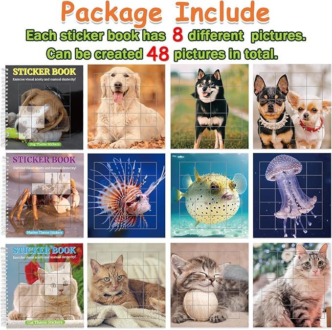 6 Pcs Paint by Sticker Books for Kids Ages 4-8 - Sticker by Number Activity Books with 48 Animals Dogs Cats Pictures Fun Art Puzzle Crafts for Toddlers Ages 3-5 Girls Boys Birthday Gift