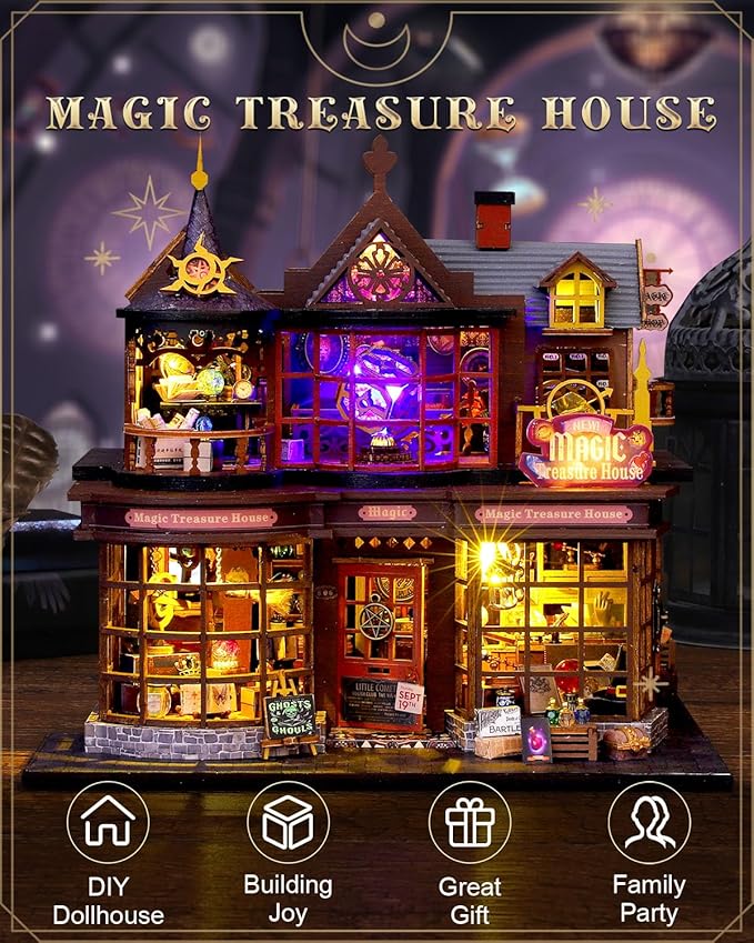 DIY Miniature House Kit Magic Treasure House, Mini Doll House Building Kit with LED Lights Furniture, Miniature Dollhouse Kit Wooden Crafts for Adults Teens Gifts