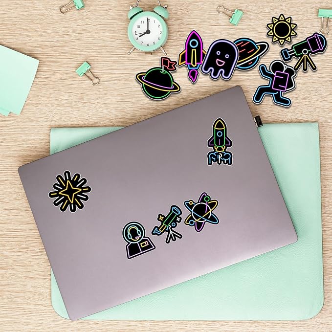52 PCS Glow in The Dark Neon Space Stickers for Kids, Waterproof Water Bottle Stickers for Kids Astronaut Planet Vinyl Laptop Decals for Teens Girls Boys